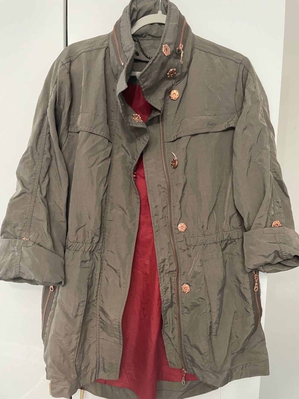 Olive Green Utility/Rain Jacket with Red Lining